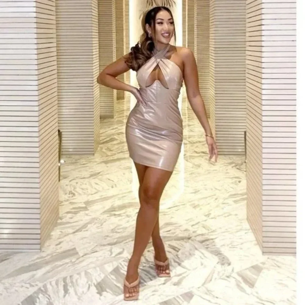 Nude Vegan Leather Faux Leather Sleeveless Halter Neck Bodycon Mini Dress - Picture 14 of 15